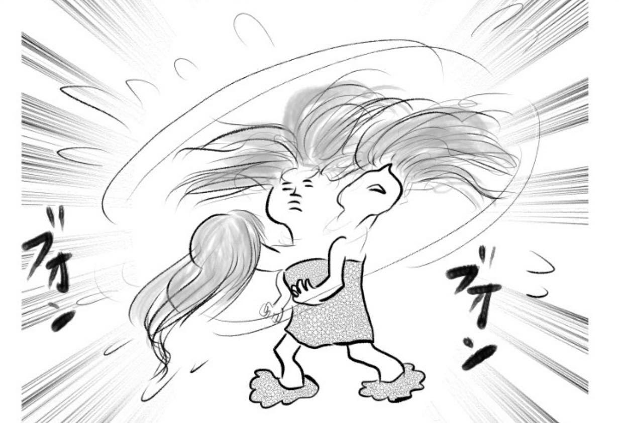 秘技！連獅子の舞を披露するも・・周りはぐっしょり・・怒られてしょんぼり（涙）９歳長女の個性豊かなヘアドライ法｜アルある子の育児漫画